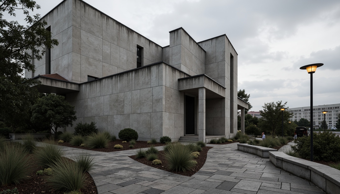 Prompt: Rugged church exterior, brutalist architecture, raw concrete walls, angular lines, minimalist design, sparse vegetation, rugged stone pathways, modern streetlights, stark urban surroundings, overcast skies, dramatic shadows, high contrast lighting, shallow depth of field, 2/3 composition, cinematic view, realistic textures, ambient occlusion.