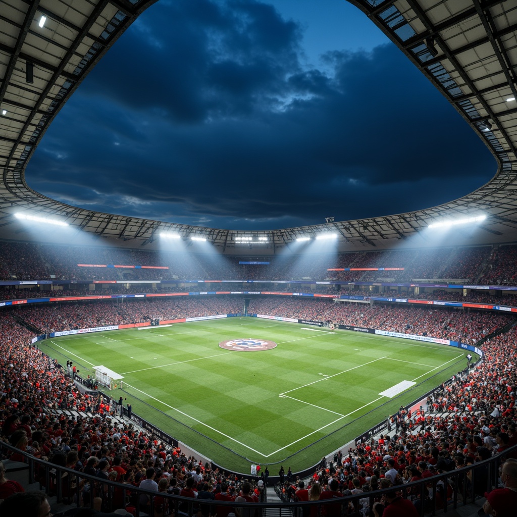 Prompt: Dynamic football stadium, angular fa\u00e7ade, cantilevered roofs, bold structural elements, metallic materials, sleek lines, vibrant team colors, modernist architecture, asymmetrical composition, dramatic nighttime lighting, misty atmospheric effects, shallow depth of field, 1/2 composition, wide-angle lens, realistic textures, ambient occlusion.