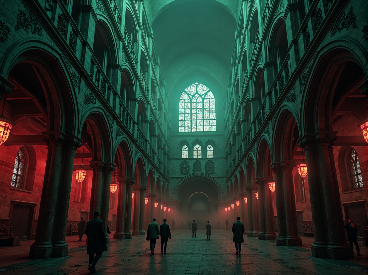 Prompt: Mysterious Gothic cathedral, intricate stone carvings, stained glass windows, dramatic archways, ornate gargoyles, mysterious ambiance, dark rich colors, deep reds, midnight blues, eerie greens, weathered stone textures, mystical foggy atmosphere, low-key soft lighting, cinematic composition, symmetrical framing, detailed ornamental patterns, ancient mystique feel.