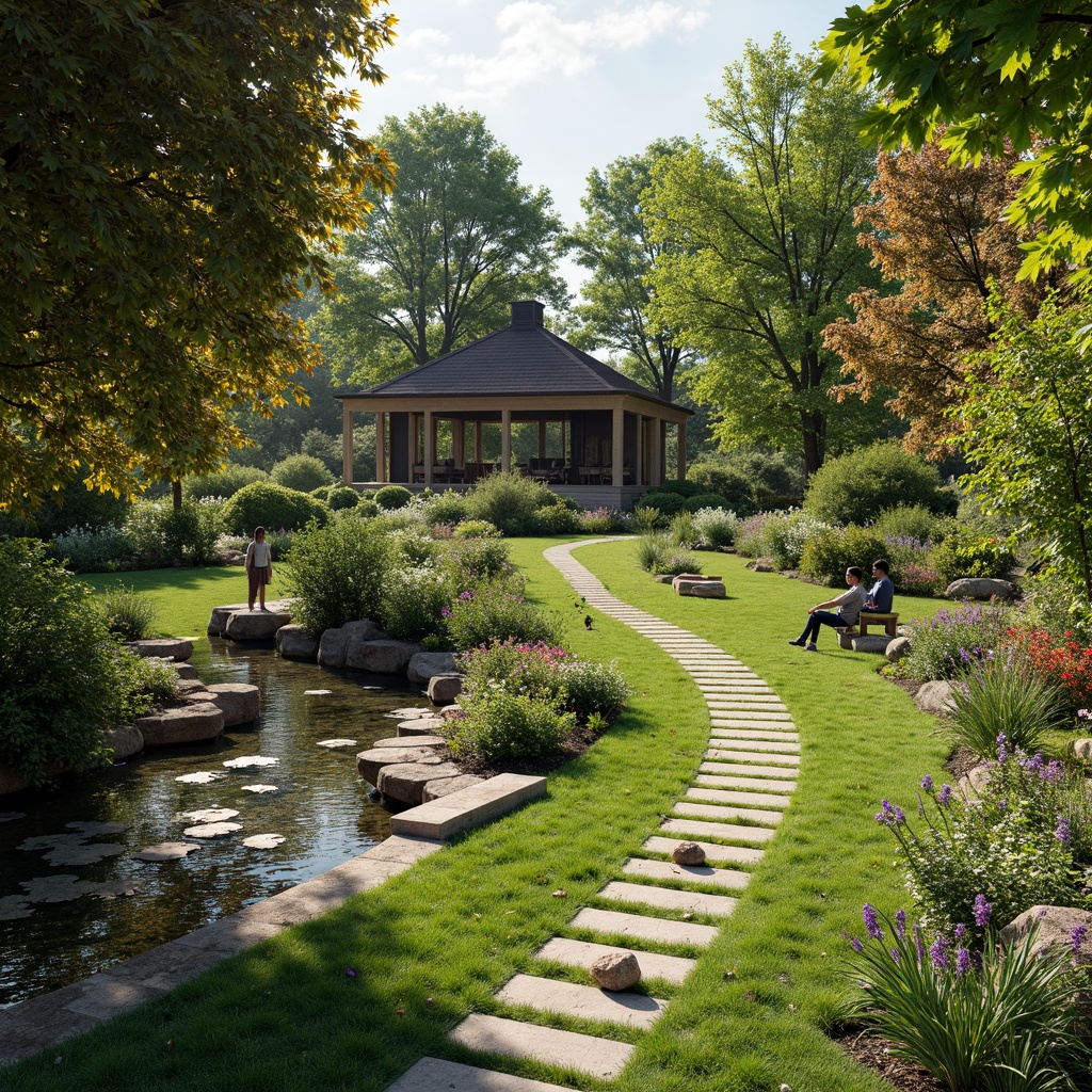 Prompt: Serenely curved pathways, lush green lawns, vibrant flowerbeds, natural stone benches, meandering water features, koi ponds, wooden bridges, rustic gazebos, mature trees, blooming gardens, colorful foliage, soft warm lighting, shallow depth of field, 1/2 composition, panoramic view, realistic textures, ambient occlusion.