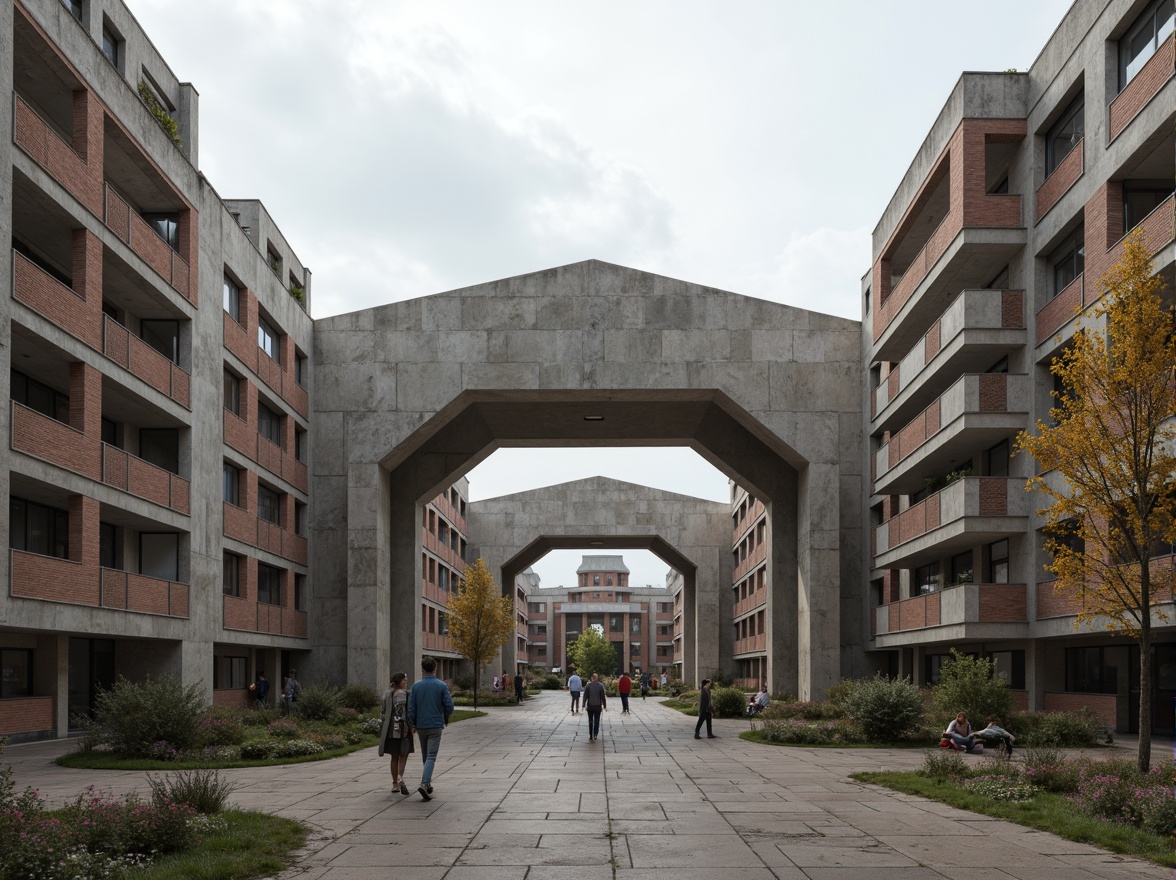 Prompt: Rustic university campus, brutalist architecture, concrete structures, angular forms, bold geometric patterns, monumental entrance gates, symmetrical compositions, Soviet-inspired aesthetics, functionalist design philosophy, raw unfinished textures, earthy color palette, overcast skies, dramatic shading, high-contrast lighting, 1/1 composition, realistic renderings, ambient occlusion.