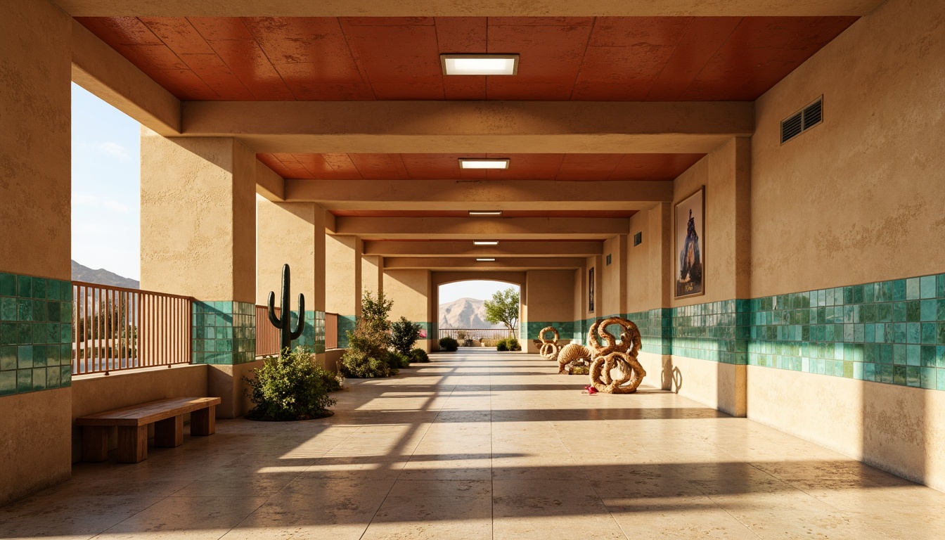 Prompt: Earth-toned metro station, sandy beige walls, terracotta-red accents, turquoise glass tiles, weathered metal surfaces, cactus-inspired sculptures, desert flora patterns, warm golden lighting, shallow depth of field, 1/1 composition, realistic textures, ambient occlusion, vast open spaces, modern minimalist design, sleek lines, sustainable energy-efficient systems.