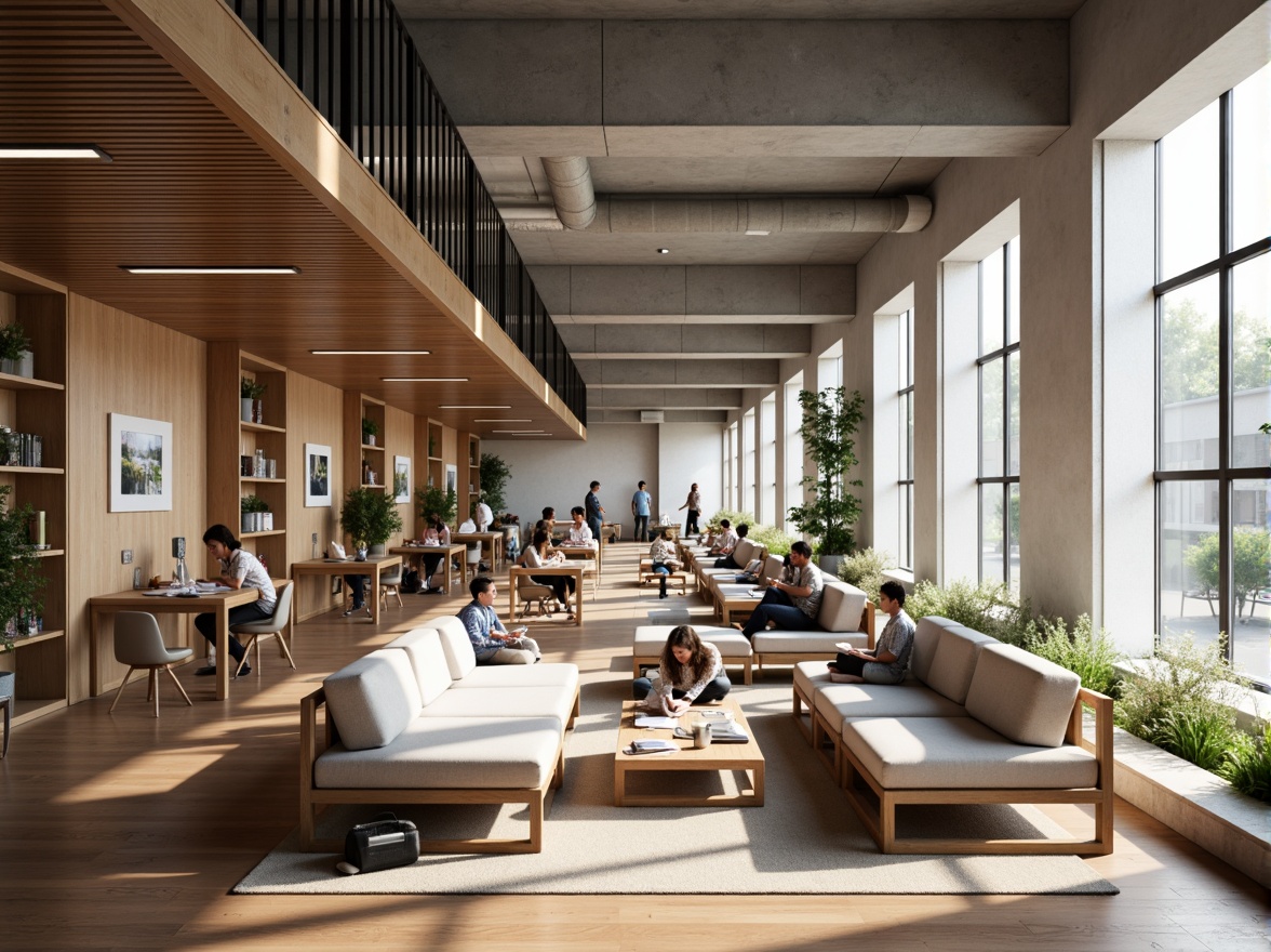 Prompt: Modern student halls, open-plan living areas, cozy reading nooks, comfortable sofas, wooden flooring, neutral color schemes, minimalist decor, functional shelving units, compact desks, ergonomic chairs, ample natural light, large windows, soft warm lighting, 1/2 composition, shallow depth of field, realistic textures, ambient occlusion.