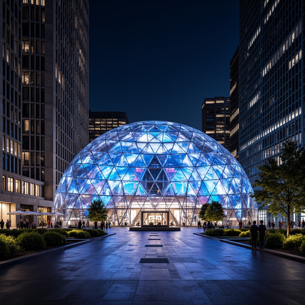 Prompt: Futuristic planetarium, geodesic dome structure, dynamic LED lighting, iridescent glass facade, reflective metal surfaces, angular lines, minimalist design, international style architecture, sleek modern buildings, urban cityscape, metropolitan atmosphere, nighttime scene, dramatic spotlighting, shallow depth of field, 3/4 composition, panoramic view, realistic textures, ambient occlusion.