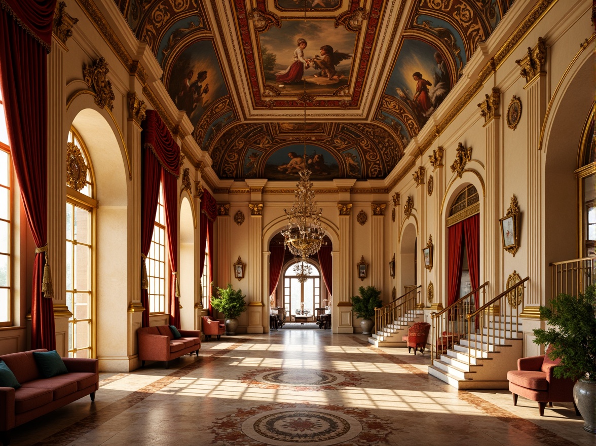 Prompt: Ornate Baroque palace, rich gold accents, warm beige stone walls, lavish velvet drapes, intricate marble flooring, grandiose chandeliers, ornamental frescoes, soft golden lighting, warm sunset ambiance, shallow depth of field, 1/1 composition, symmetrical architecture, opulent decorative elements, luxurious furnishings, vibrant jewel-toned tapestries, exquisite ornate details, dramatic archways, sweeping staircases.