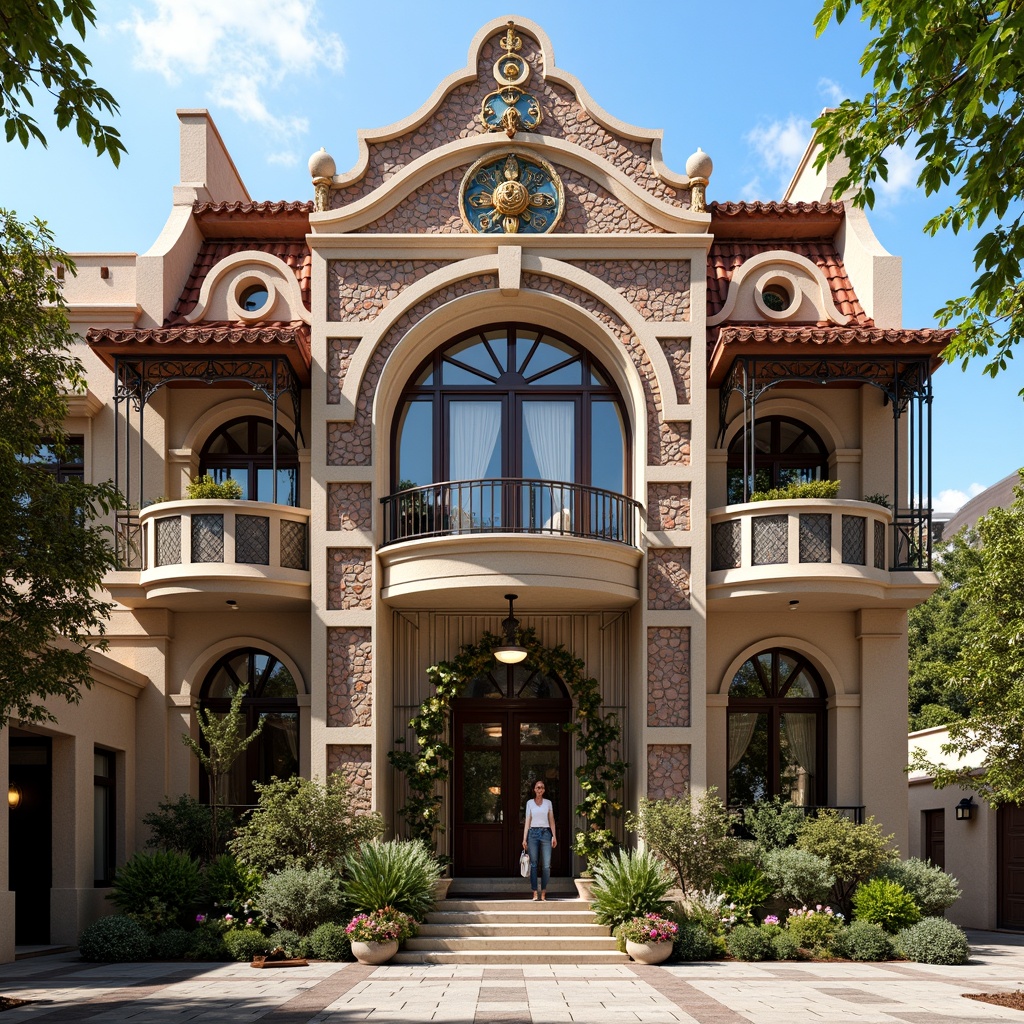 Prompt: Ornate clinic facade, eclectic mix of Victorian and Art Nouveau styles, intricately patterned stonework, grand entrance with ornamental gates, curved lines and geometric shapes, vibrant color scheme, contrasting textures of brick and metal, large windows with ornate frames, decorative roof tiling, lush greenery with flowering plants, warm sunny day, soft natural lighting, shallow depth of field, 1/1 composition, realistic materials, ambient occlusion.