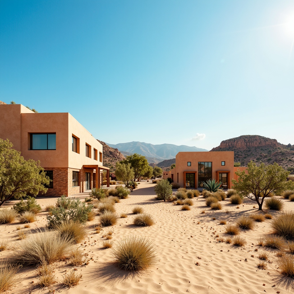 Prompt: Vibrant desert landscape, sandy dunes, cactus plants, hot sunny day, clear blue sky, vast open space, modern desert architecture, earthy tone buildings, adobe-inspired structures, natural stone walls, wooden accents, warm beige colors, terracotta hues, turquoise accents, rustic metal details, Southwestern patterns, geometric motifs, soft warm lighting, shallow depth of field, 3/4 composition, panoramic view, realistic textures, ambient occlusion.