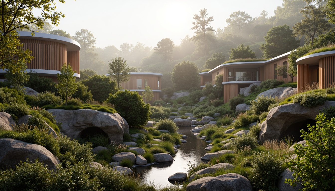 Prompt: Seamless landscape integration, curved building silhouettes, organic architecture forms, lush green roofs, living walls, natural stone facades, earthy color palette, meandering water features, serene forest surroundings, misty morning atmosphere, warm soft lighting, shallow depth of field, 1/2 composition, realistic textures, ambient occlusion, subtle material transitions.