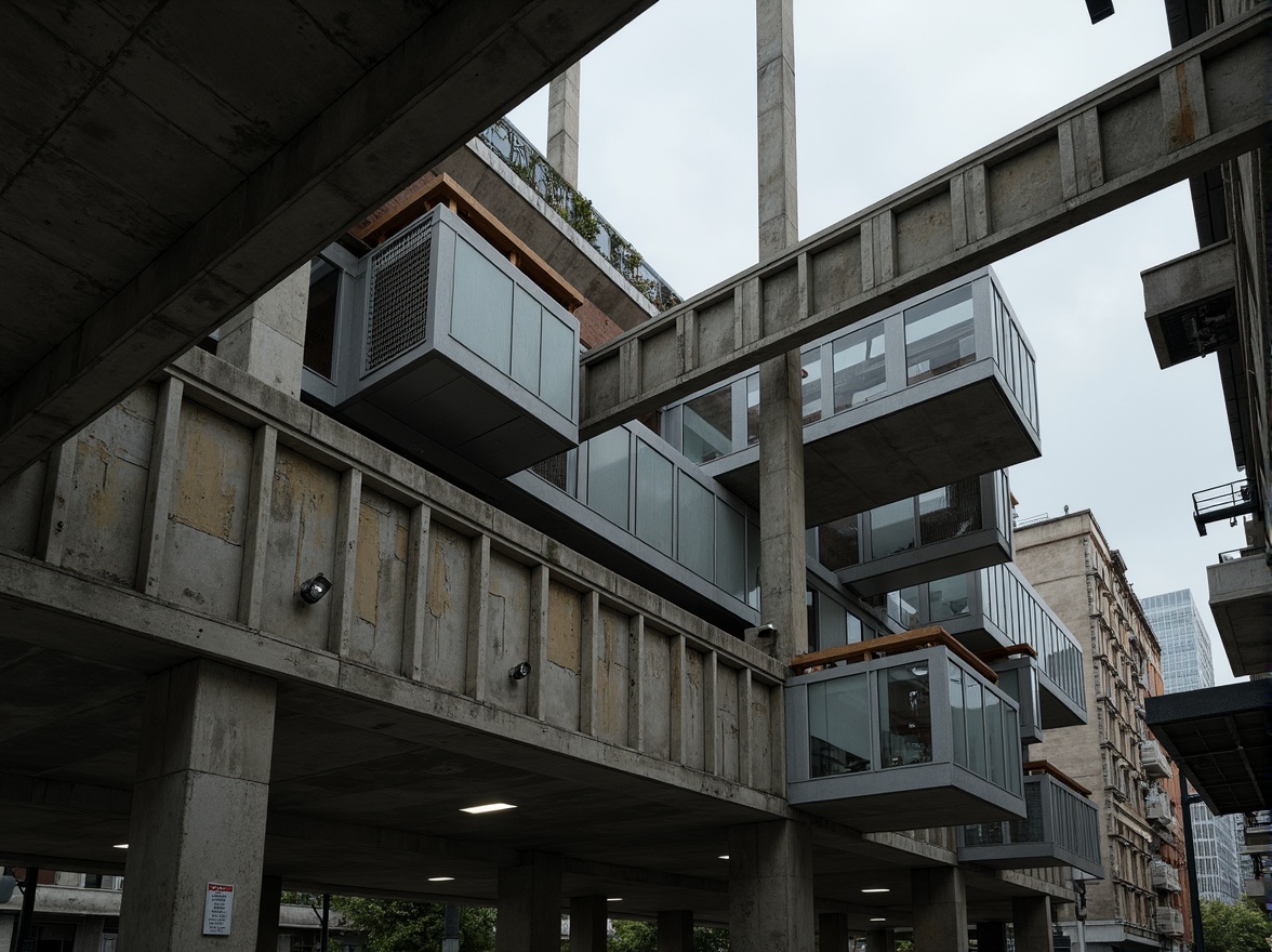 Prompt: Rugged concrete textures, brutalist architecture, industrial materials, exposed ductwork, raw metal beams, reinforced steel frames, cantilevered structures, dramatic lighting effects, bold geometric forms, abstract compositions, urban cityscape, overcast skies, high-contrast shadows, cinematic camera angles, shallow depth of field, 2/3 composition, atmospheric perspective.