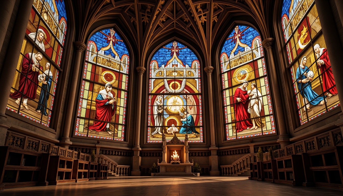 Prompt: Vibrant stained glass windows, ornate stone carvings, grand cathedral architecture, intricate biblical scenes, rich jewel-toned colors, warm golden lighting, dramatic vaulted ceilings, sturdy rounded arches, ornate column capitals, polished marble floors, mystical ambiance, soft diffused light, 1/1 composition, high contrast ratio, detailed textures, ambient occlusion.