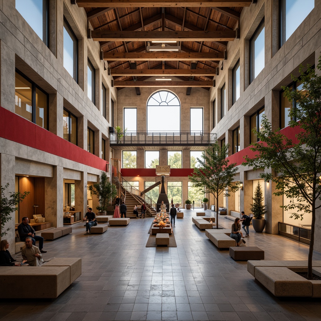 Prompt: Rustic university building, constructivist architecture, brutalist concrete fa\u00e7ade, geometric patterns, bold red accents, industrial metal beams, exposed ductwork, minimalist decor, natural stone walls, wooden furniture, modern lecture halls, open atriums, grand staircases, abundant natural light, soft warm lighting, shallow depth of field, 1/1 composition, realistic textures, ambient occlusion.