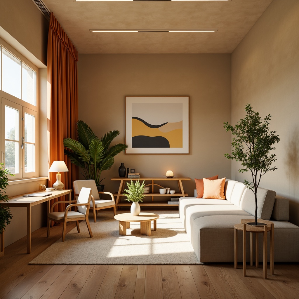 Prompt: Cozy student lounge, modern minimalist furniture, warm beige walls, wooden flooring, comfortable sofas, study tables, ergonomic chairs, floor lamps, green plants, natural textiles, abstract artwork, calming color scheme, soft diffused lighting, shallow depth of field, 2/3 composition, realistic materials, ambient occlusion.