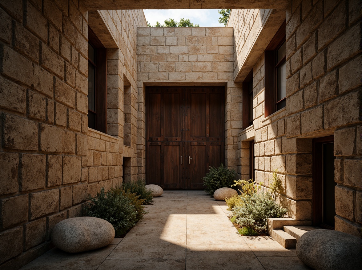 Prompt: Rustic stone walls, earthy tones, natural textures, organic forms, rugged rocky outcrops, weathered wooden planks, distressed metal sheets, industrial rivets, brutalist concrete structures, geometric patterns, 3D modeling, high-poly detailing, ambient occlusion, realistic normal mapping, warm golden lighting, dramatic shadows, cinematic composition, atmospheric perspective.