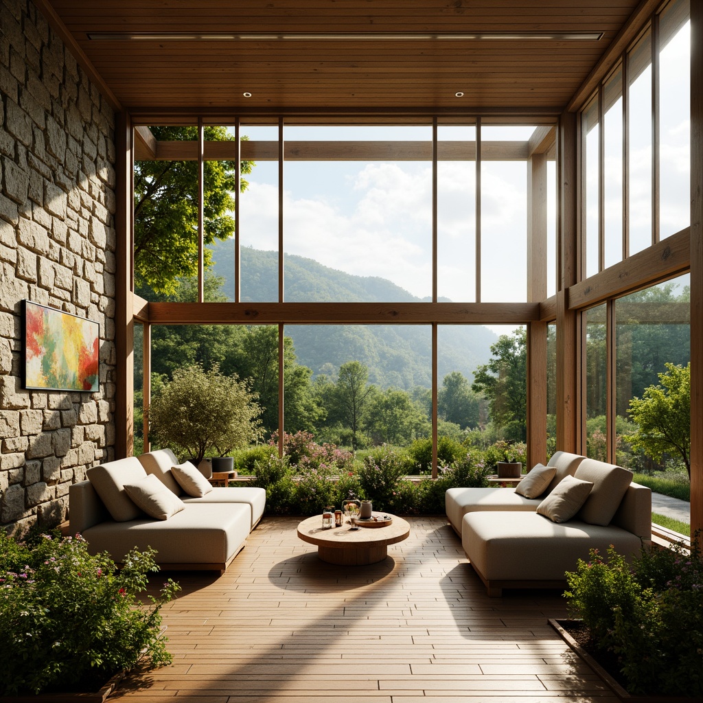 Prompt: Cozy living room, large windows, soft warm lighting, natural stone walls, wooden flooring, lush greenery, vibrant flowers, modern minimalist decor, ambient occlusion, shallow depth of field, 3/4 composition, panoramic view, realistic textures, bright sunny day, gentle breeze, serene atmosphere.