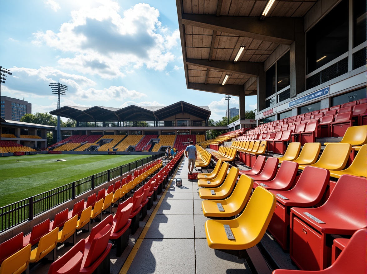 Prompt: Dynamic stadium seating, tiered spectator rows, vibrant color-blocking, ergonomic chair designs, sturdy metal frames, weather-resistant upholstery, cantilevered shading systems, overhead canopy structures, panoramic views of the playing field, atmospheric lighting effects, gradient-style flooring, angular concrete architecture, urban landscape surroundings, sunny day with scattered clouds, dramatic shadowing, shallow depth of field, 2/3 composition, realistic textures, ambient occlusion.