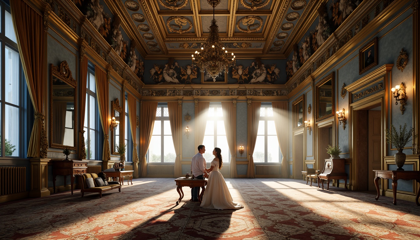 Prompt: Richly ornamented Baroque palace, grandiose columns, ornate details, Prussian blue accents, golden decorations, lavish furnishings, intricately patterned rugs, opulent chandeliers, majestic high ceilings, dramatic lighting, warm afternoon sunbeams, soft focus, shallow depth of field, 1/2 composition, romantic atmosphere, highly detailed textures, ambient occlusion.