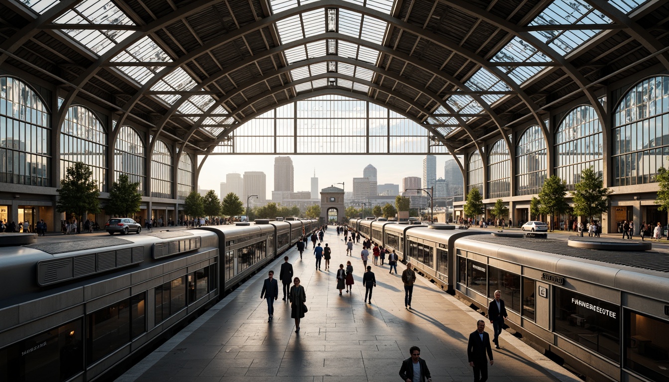 Prompt: Grand train station, high ceilings, clerestory windows, natural ventilation systems, airy atmosphere, spacious platforms, modern architecture, steel frames, glass roofs, transparent facades, urban landscape, city skyline, busy streets, morning commute, soft warm lighting, shallow depth of field, 1/2 composition, realistic textures, ambient occlusion.