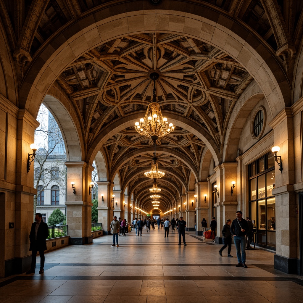 Prompt: Grand underground metro station, ornate masonry walls, rusticated stone fa\u00e7ade, arched windows, ribbed vaults, groin vaults, barrel-vaulted ceilings, intricate carvings, decorative capitals, Corinthian columns, Romanesque Revival architecture, earthy color palette, warm ambient lighting, shallow depth of field, 1/1 composition, dramatic shadows, realistic textures, ambient occlusion.