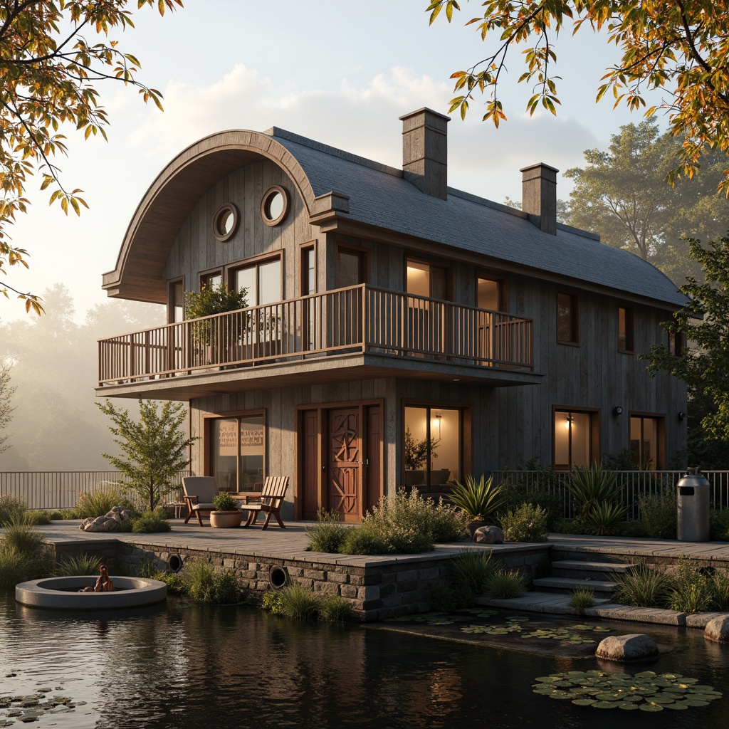 Prompt: Rustic boathouse, eclectic facade design, mixed materials, wooden planks, metal accents, vintage nautical elements, distressed finishes, industrial chic, waterfront location, misty morning, soft golden lighting, shallow depth of field, 1/1 composition, realistic textures, ambient occlusion, reflection in water, lily pads, surrounding foliage, natural stone foundation, ornate wooden doors, porthole windows, curved rooflines, whimsical architectural details.