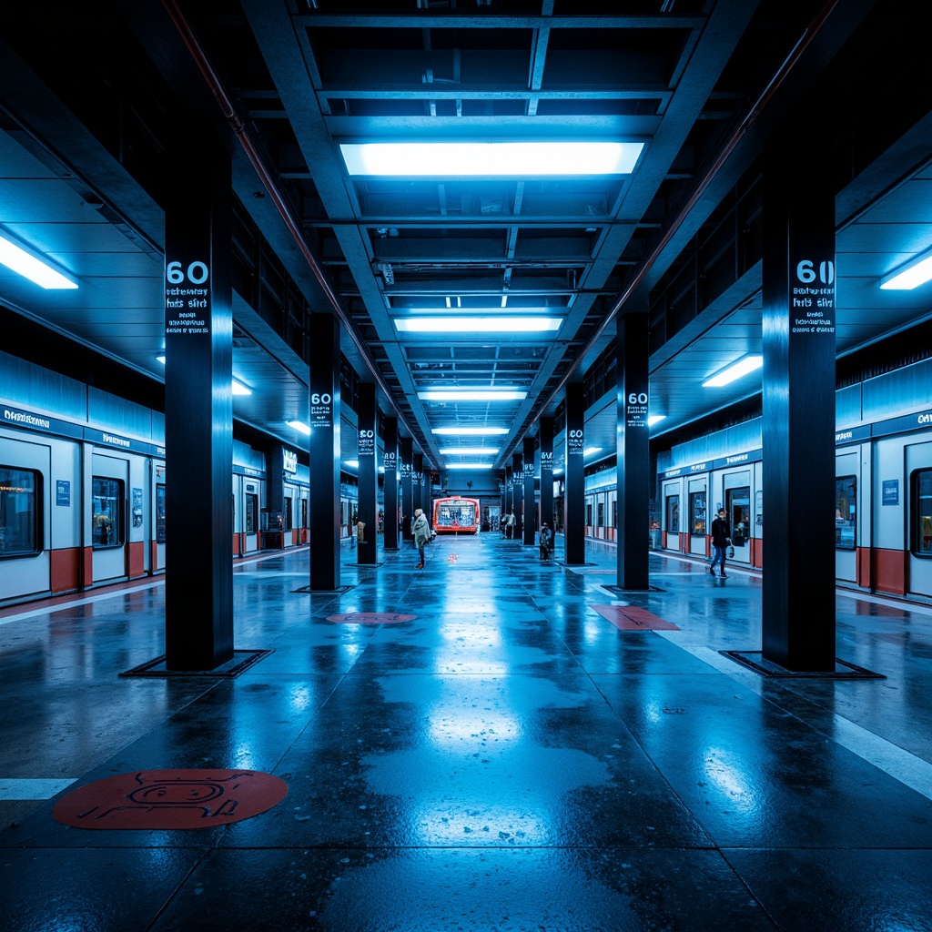 Prompt: Futuristic tram station, sleek metal pillars, neon-lit signage, dynamic LED lights, gleaming glass surfaces, high-gloss flooring, modern minimalist architecture, bold color accents, electric blue hues, bright silver tones, deep black shadows, contrasting textures, angular lines, geometric patterns, ambient lighting effects, realistic reflections, shallow depth of field, 3/4 composition, panoramic view.