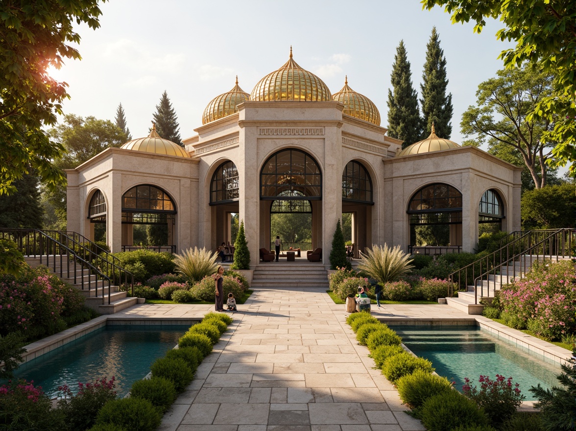 Prompt: Majestic Byzantine pavilion, intricately carved stone fa\u00e7ade, golden domes, vibrant turquoise accents, lush greenery, blooming flowers, serene water features, natural stone walkways, ornate metal railings, grand entrance arches, majestic columns, warm golden lighting, soft atmospheric effects, shallow depth of field, 3/4 composition, panoramic view, realistic textures, ambient occlusion.