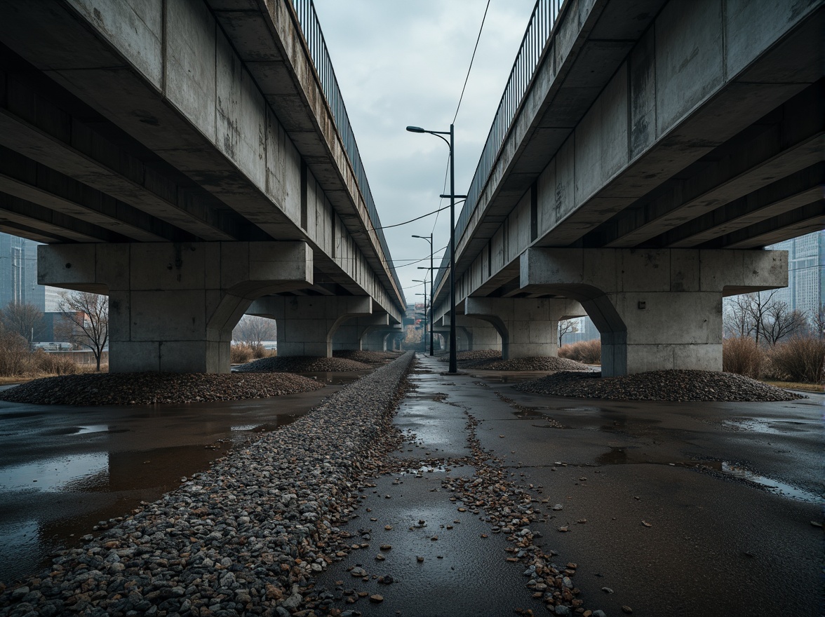 Prompt: Rugged brutalist bridge, exposed concrete surfaces, rough stone aggregates, weathered steel beams, industrial metal railings, harsh urban environment, gloomy overcast sky, dramatic shadows, high contrast lighting, deep depth of field, 2/3 composition, symmetrical framing, gritty realistic textures, ambient occlusion.