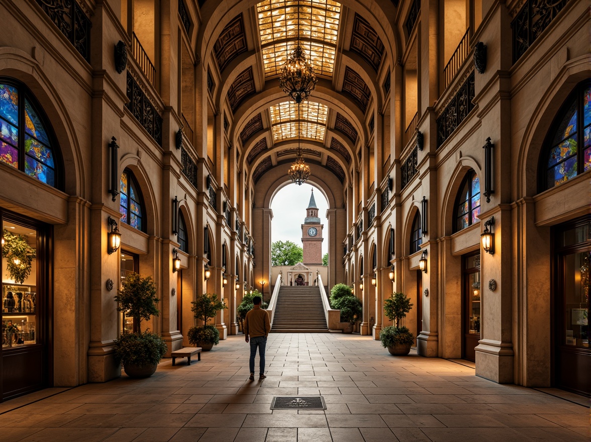 Prompt: Grand museum entrance, Romanesque arches, ornate stone carvings, rusticated columns, imposing facade, symmetrical composition, intricate stonework, vibrant stained glass windows, ornamental ironwork, majestic clock tower, grand staircase, high ceilings, elaborate chandeliers, warm golden lighting, subtle gradient mapping, 1/2 composition, soft focus effect, realistic ambient occlusion.