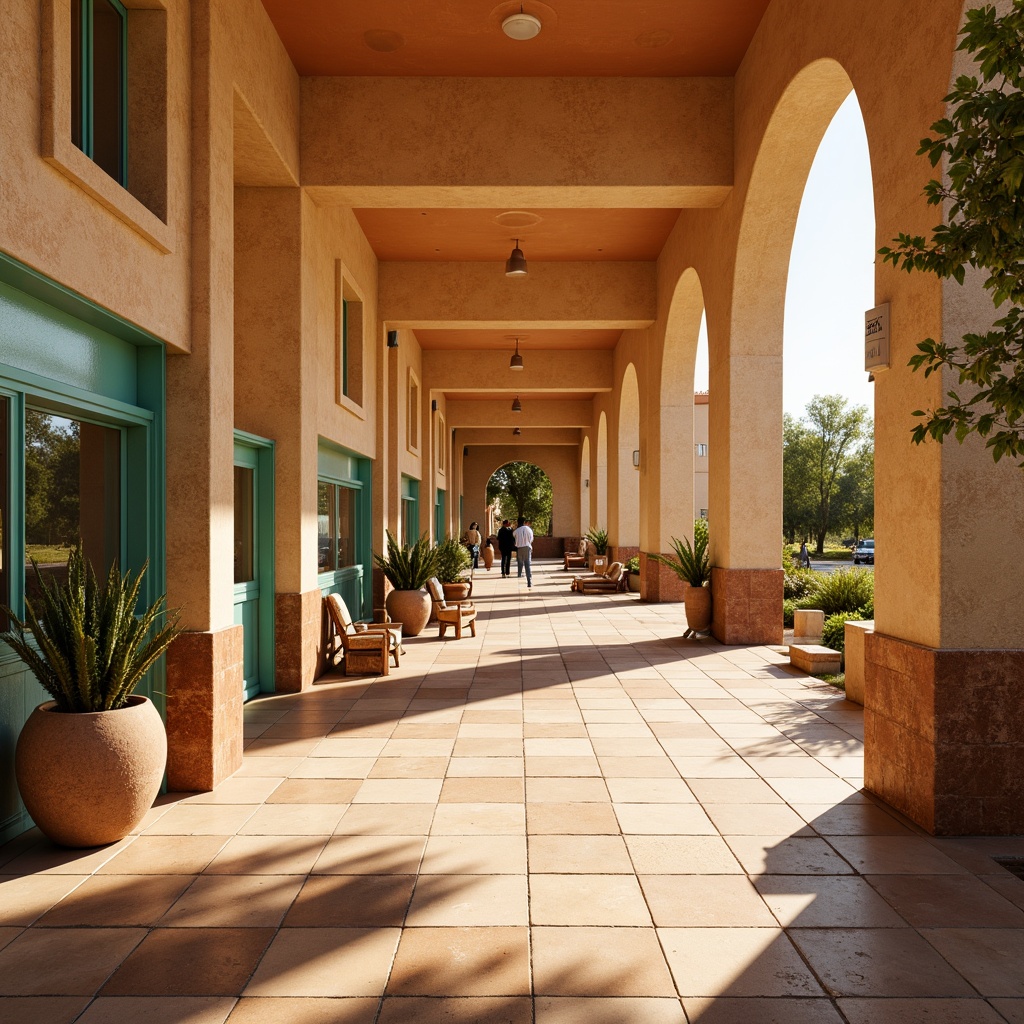 Prompt: Desert oasis metro station, warm beige walls, terracotta tiles, sandy dune-inspired architecture, vibrant turquoise accents, earthy brown columns, natural stone flooring, cactus plant decorations, hot sunny day lighting, soft warm glow, shallow depth of field, 3/4 composition, panoramic view, realistic textures, ambient occlusion.