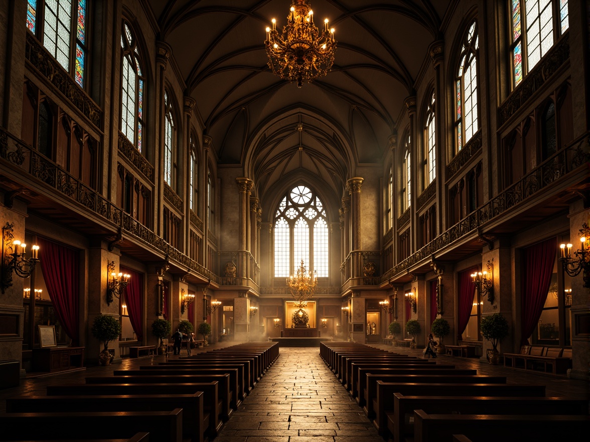 Prompt: Grandiose Gothic cathedral, vaulted ceilings, stained glass windows, ornate stone carvings, intricate wooden furnishings, luxurious velvet drapes, majestic chandeliers, mysterious dark tones, warm golden lighting, dramatic shadows, atmospheric fog, cinematic composition, symmetrical framing, rich textures, ambient occlusion.