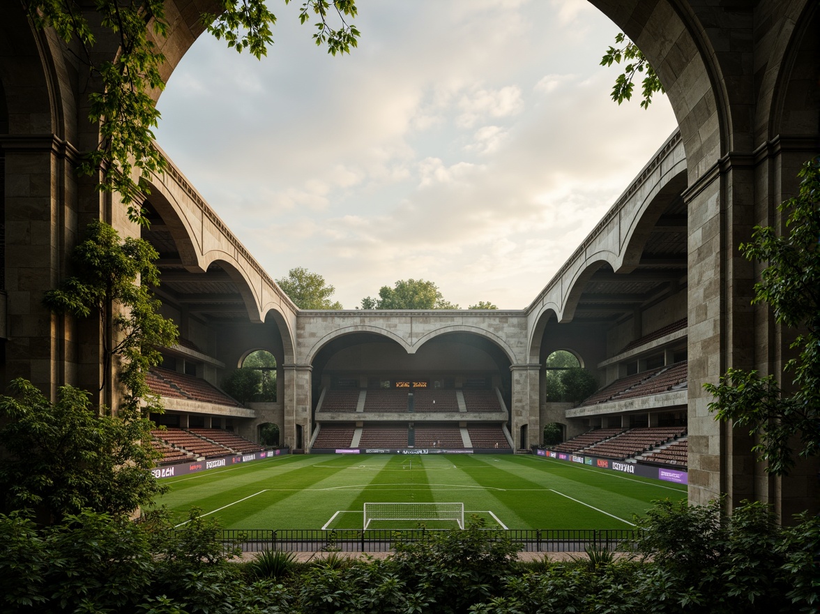 Prompt: Mystical gothic arches, ancient stone walls, overgrown ivy, grand stadium seating, lush green grass, sports field markings, rustic wooden goalposts, weathered metal fences, misty dawn atmosphere, soft warm lighting, shallow depth of field, 1/1 composition, panoramic view, realistic textures, ambient occlusion.