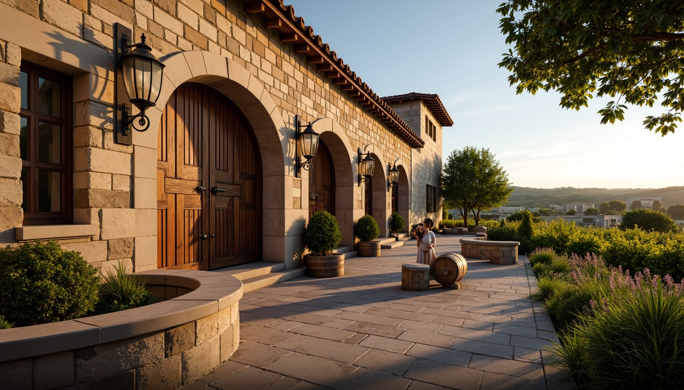 Prompt: Rustic winery, Italian Renaissance style, stone fa\u00e7ade, ornate wooden doors, iron hinges, vintage metal lanterns, curved archways, terracotta roof tiles, lush vineyards, rolling hills, sunny afternoon, warm golden lighting, shallow depth of field, 3/4 composition, panoramic view, realistic textures, ambient occlusion, worn brick pathways, distressed wood accents, earthy color palette, elegant ornate details, grand wooden barrels, wine cellar atmosphere.