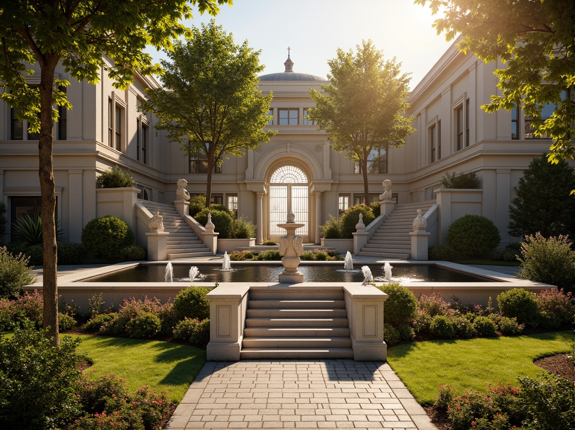 Prompt: Ornate fountains, grand staircases, symmetrical gardens, manicured hedges, vibrant flowerbeds, ornamental statues, intricate stone carvings, decorative iron gates, majestic trees, sprawling lawns, serene water features, dramatic lighting effects, warm golden sunlight, shallow depth of field, 1/1 composition, panoramic view, realistic textures, ambient occlusion.