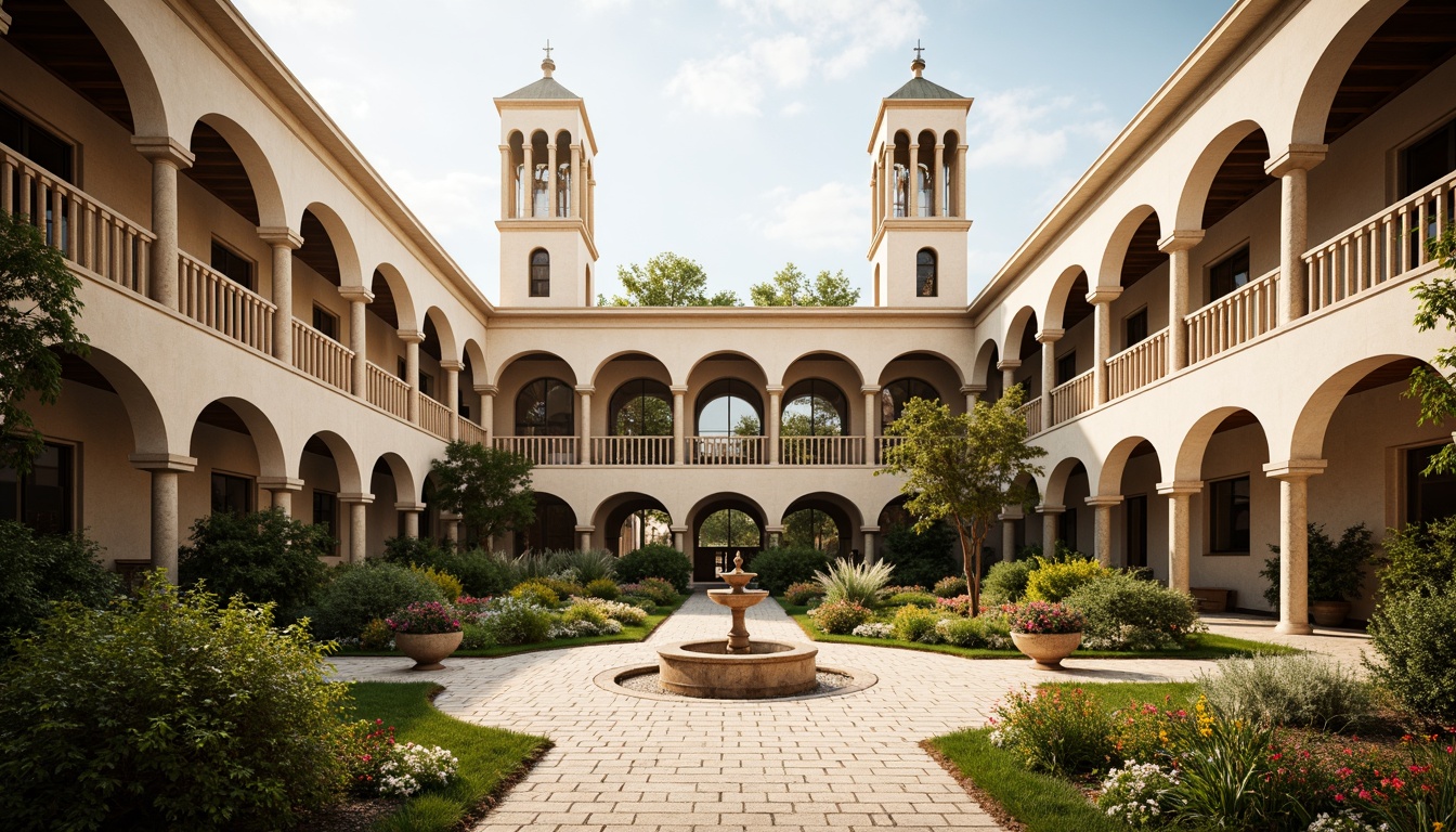 Prompt: Serene monastery courtyard, symmetrical archways, identical twin towers, harmonious bell towers, ornate stone carvings, repetitive column patterns, central fountain, lush greenery, vibrant flowers, tranquil atmosphere, warm golden lighting, soft focus, 1/1 composition, panoramic view, realistic textures, ambient occlusion.