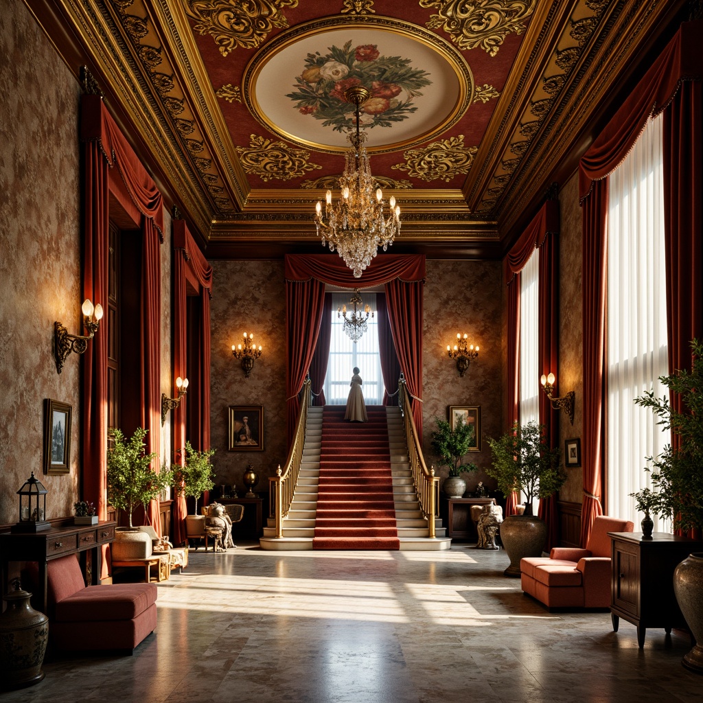 Prompt: Luxurious velvet fabrics, intricate gold leaf patterns, ornate wooden carvings, richly polished marble floors, heavily draped curtains, lavish crystal chandeliers, opulent fresco ceilings, grandiose staircases, ornamental metalwork, antique furnishings, regal tapestries, dramatic coved ceiling, warm golden lighting, soft focus photography, 1/2 composition, atmospheric perspective.