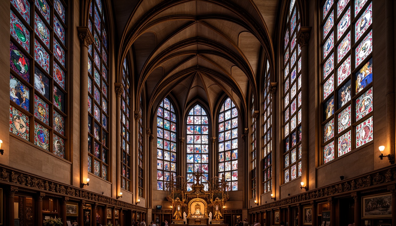 Prompt: Vibrant stained glass windows, richly colored mosaics, ornate stone carvings, grand cathedral architecture, Romanesque Revival style, intricate arches, ribbed vaults, ornamental columns, golden accents, warm soft lighting, dramatic shading, high contrast, 1/2 composition, symmetrical framing, ornate metalwork, luxurious textiles, majestic interior spaces.