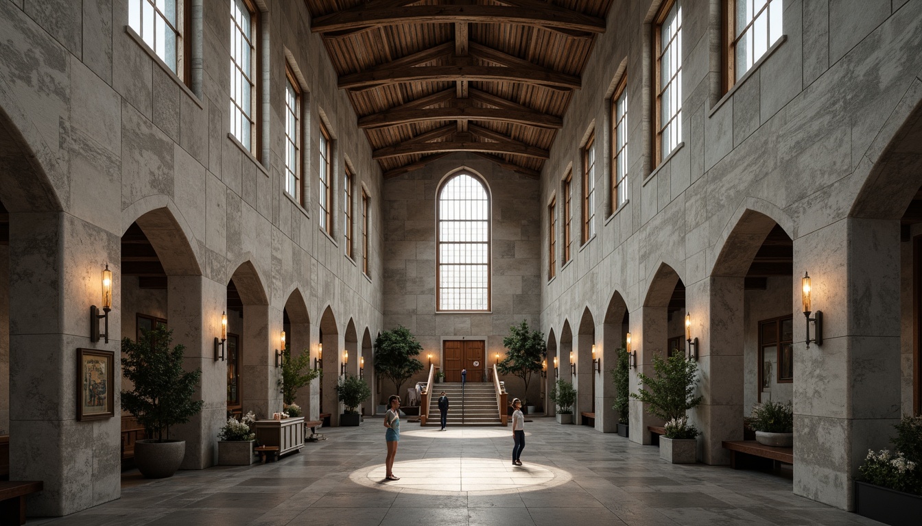 Prompt: Rugged brutalist church, exposed concrete walls, raw textured surfaces, fortress-like architecture, dramatic angular lines, monumental scale, bold geometric shapes, industrial materials, weathered steel beams, reinforced columns, minimalist ornamentation, natural light filtering, stained glass windows, vaulted ceilings, ribbed arches, imposing entranceways, grandiose staircases, solemn ambiance, warm soft lighting, high contrast shadows, symmetrical composition, detailed textures, ambient occlusion.