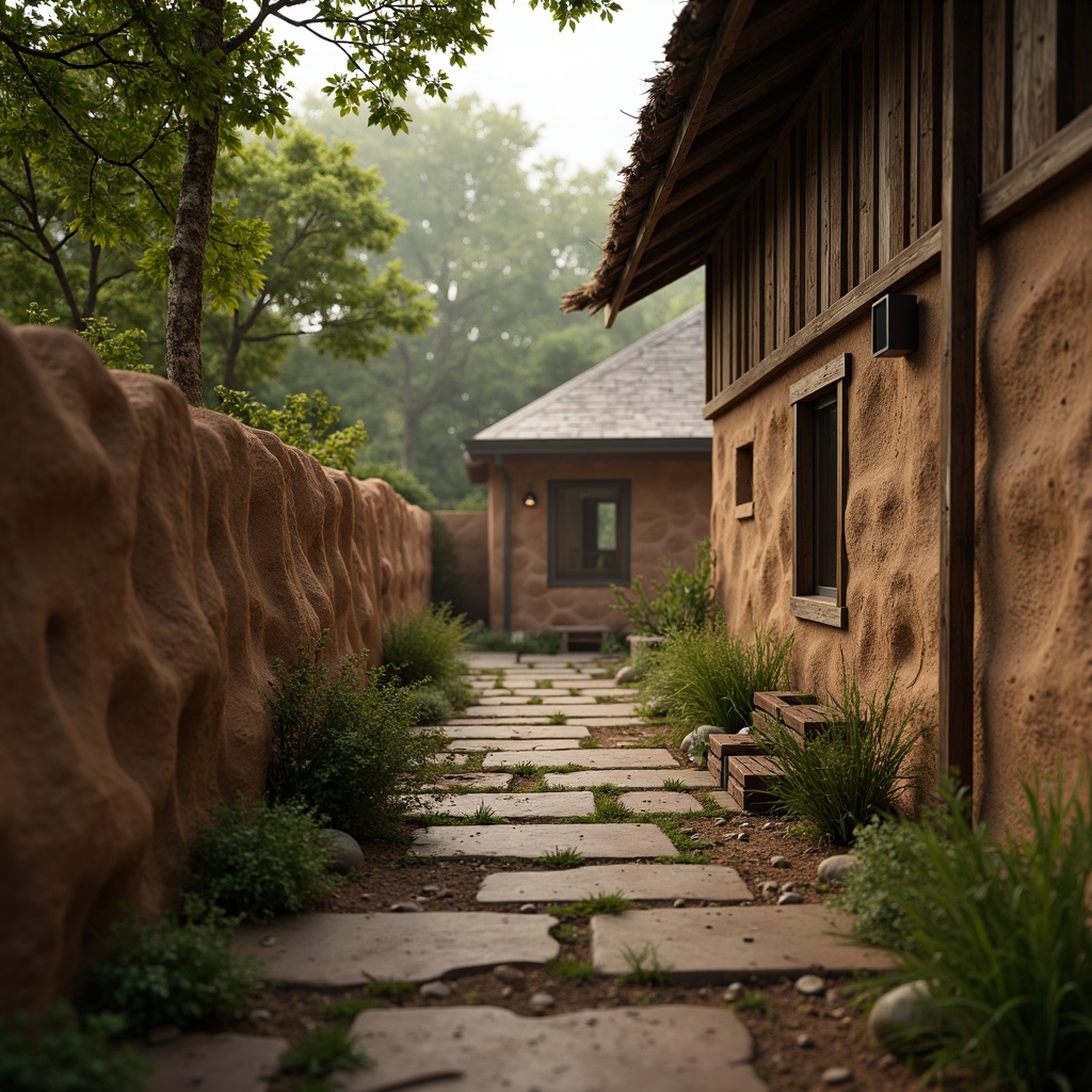 Prompt: Earthy mud walls, natural organic texture, rough tactile sensation, rustic rural setting, wooden accents, stone pathways, lush greenery, misty morning atmosphere, warm diffused lighting, shallow depth of field, 1/2 composition, intimate focus, realistic rendering, ambient occlusion.