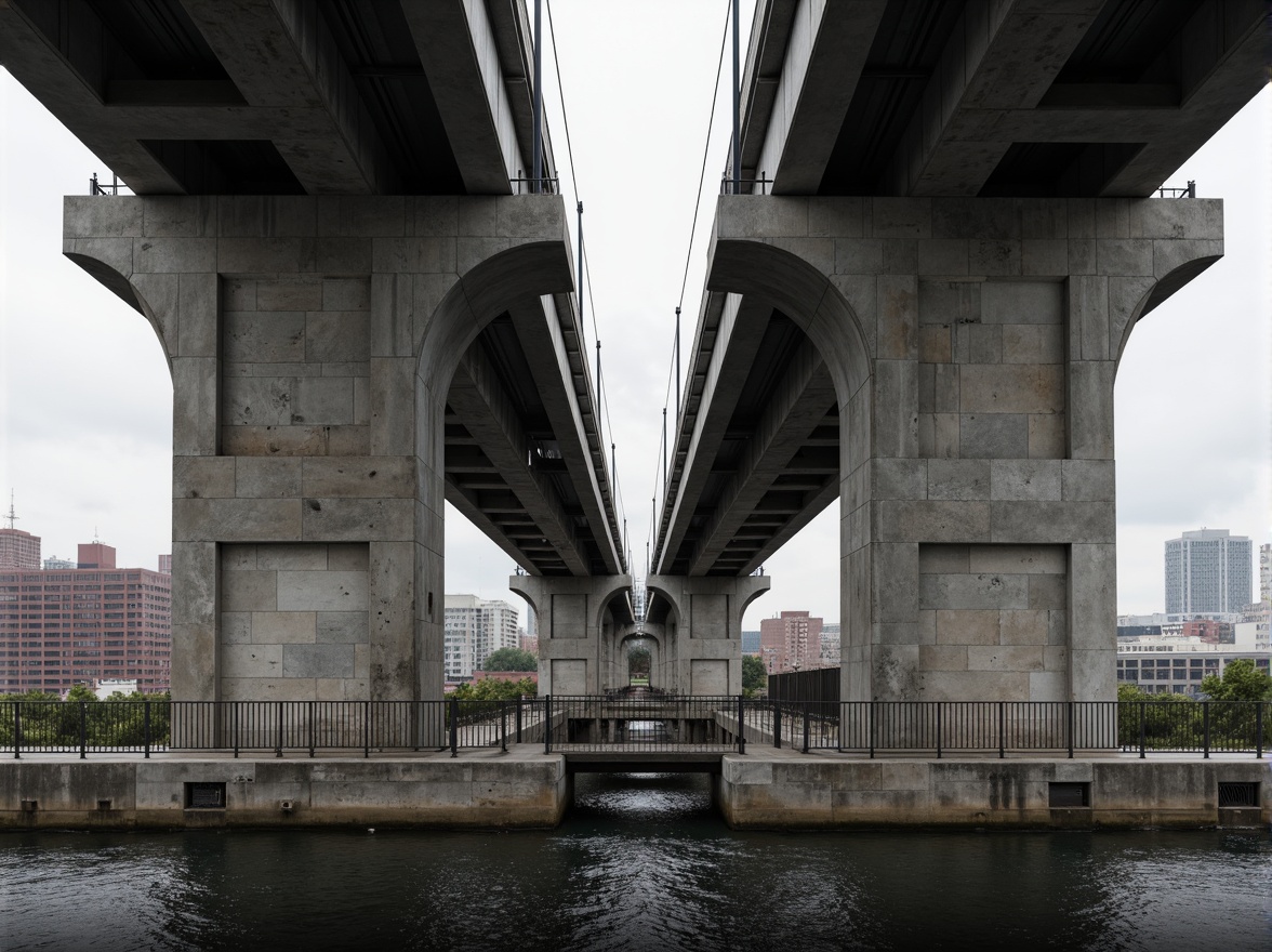 Prompt: Rugged concrete bridge, brutalist architecture, robust structural elements, exposed ductwork, raw unfinished surfaces, fortress-like pillars, chunky stone foundations, cantilevered sections, diagonal beams, angular lines, monolithic forms, industrial materials, weathered steel railings, suspension cables, urban cityscape, overcast skies, dramatic shadows, high-contrast lighting, symmetrical composition, detailed textures, ambient occlusion.