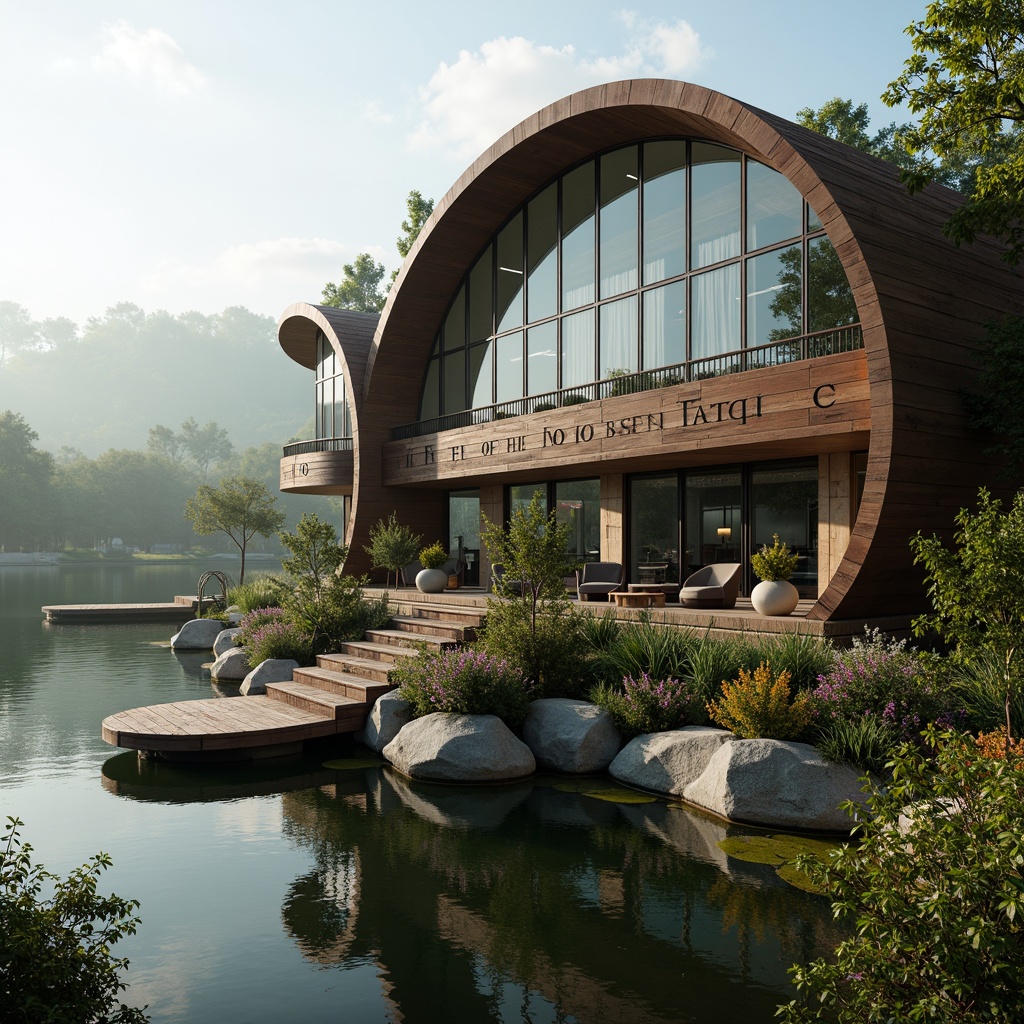 Prompt: Curved boathouse facade, ornate Art Nouveau details, flowing lines, organic forms, stained glass windows, intricate metalwork, natural stone foundation, wooden dock, serene lake surroundings, lush greenery, vibrant flowers, misty morning atmosphere, soft warm lighting, shallow depth of field, 1/2 composition, panoramic view, realistic water reflections, ambient occlusion.