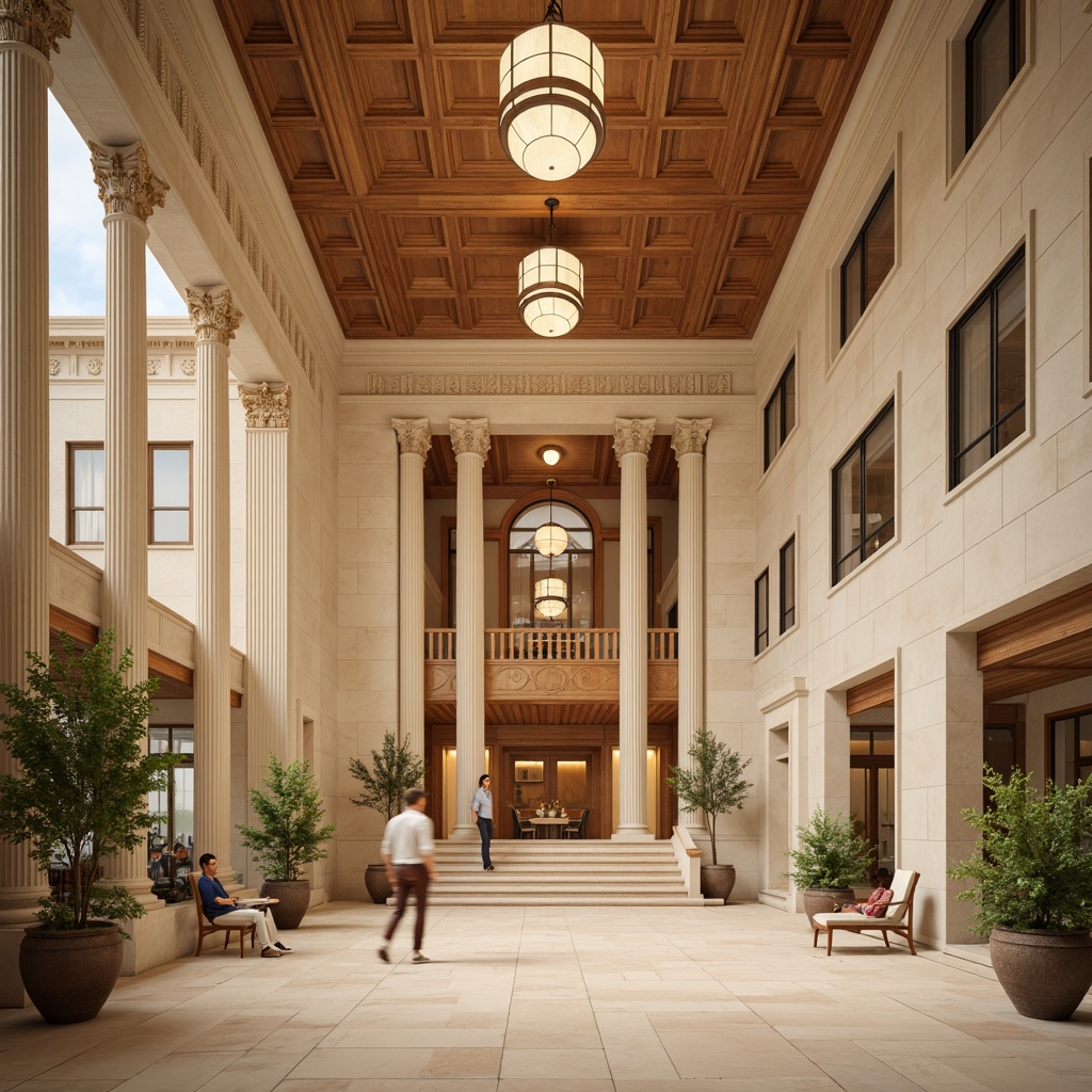 Prompt: Majestic courthouse, neoclassical architecture, symmetrical facades, grand entrance, Doric columns, ornate details, soft warm beige tones, rich wood accents, creamy marble floors, subtle golden lighting, stately atmosphere, formal composition, shallow depth of field, 2/3 rule, realistic textures, ambient occlusion.