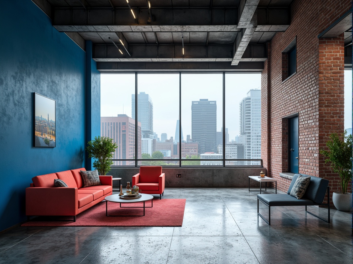 Prompt: Vibrant Prussian blue accents, modern architectural design, sleek metal beams, industrial chic aesthetic, exposed brick walls, polished concrete floors, geometric patterned tiles, minimalist interior decor, pops of bright coral hues, natural light pouring in through floor-to-ceiling windows, urban cityscape views, atmospheric misty mornings, softbox lighting, 1/1 composition, realistic reflections, ambient occlusion.