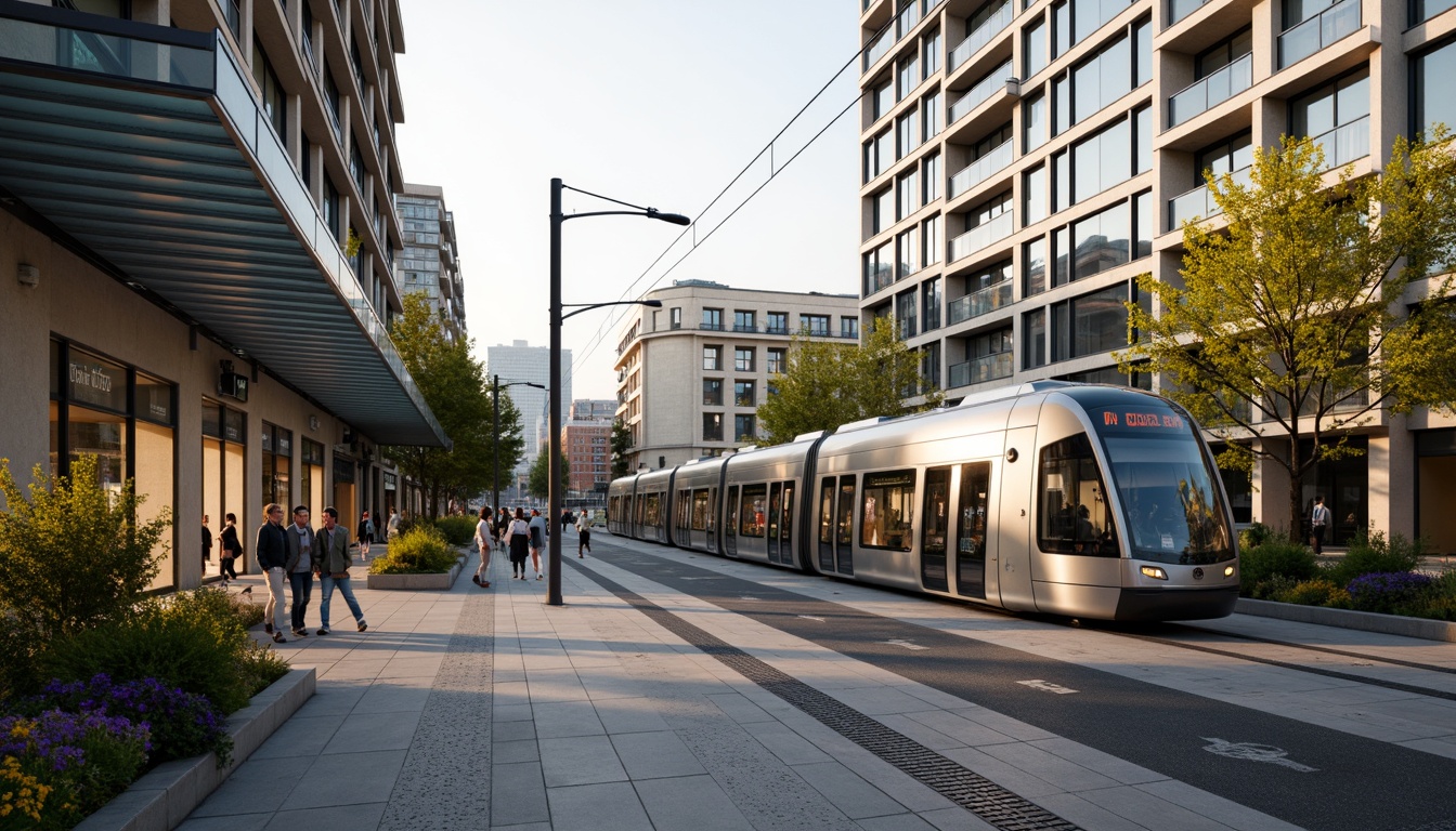 Prompt: Futuristic tram station, curved sleek lines, gleaming metallic surfaces, energy-efficient LED lighting, translucent roofing, cantilevered canopies, aerodynamic shapes, sustainable materials, recycled steel beams, low-carbon concrete, green roofs, urban garden integration, vibrant cityscape views, bustling pedestrian traffic, morning rush hour atmosphere, warm golden lighting, shallow depth of field, 3/4 composition, panoramic view, realistic textures, ambient occlusion.