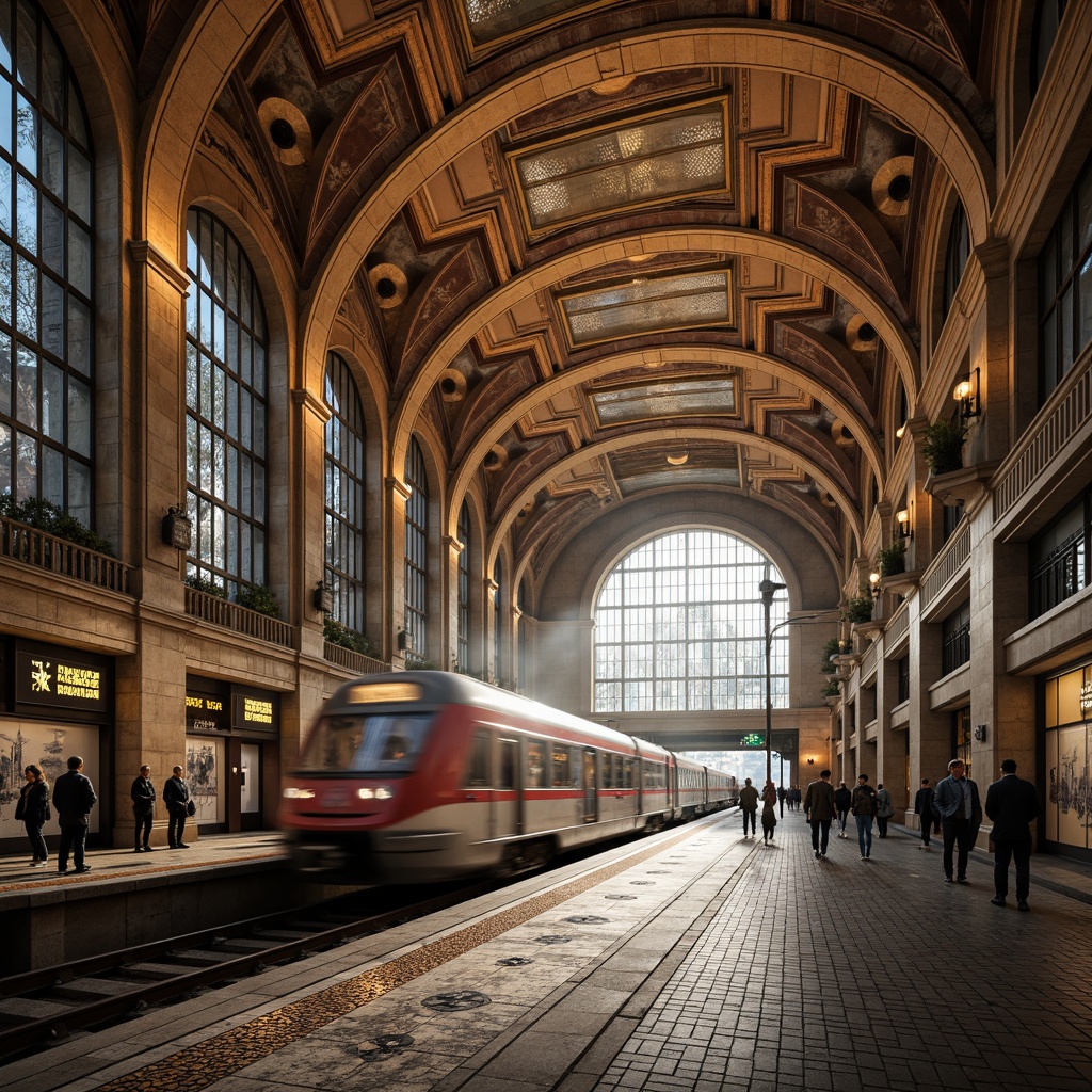 Prompt: Grand metro station, Romanesque archways, ornate stonework, vaulted ceilings, large windows, natural light pouring in, busy urban atmosphere, rush hour crowds, modern transportation systems, sleek trains, metallic tracks, intricate mosaics, ancient-inspired patterns, warm earthy tones, soft warm lighting, shallow depth of field, 1/2 composition, realistic textures, ambient occlusion.