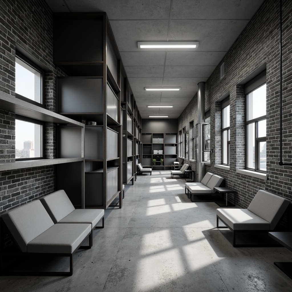 Prompt: Monochromatic dormitory interior, geometric shapes, angular lines, rectangular forms, minimal ornamentation, functional furniture, industrial materials, exposed brick walls, polished concrete floors, stainless steel accents, bold color blocks, asymmetric compositions, dramatic shadows, high-contrast lighting, 1-point perspective, shallow depth of field, realistic textures, ambient occlusion.