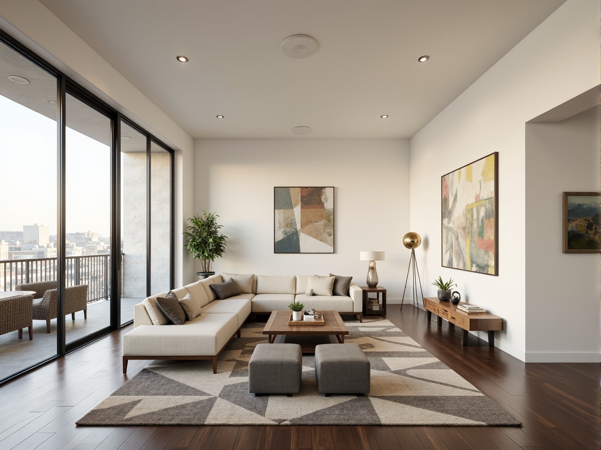 Prompt: Minimalist living room, sleek low-profile furniture, polished chrome accents, creamy white walls, dark hardwood floors, geometric patterned rugs, floor-to-ceiling windows, sliding glass doors, urban cityscape views, soft diffused lighting, 1/1 composition, realistic reflections, ambient occlusion, modern sectional sofas, tufted ottomans, minimalist coffee tables, abstract art pieces, industrial-chic decor, metallic lamp shades, warm beige tones, airy open spaces.