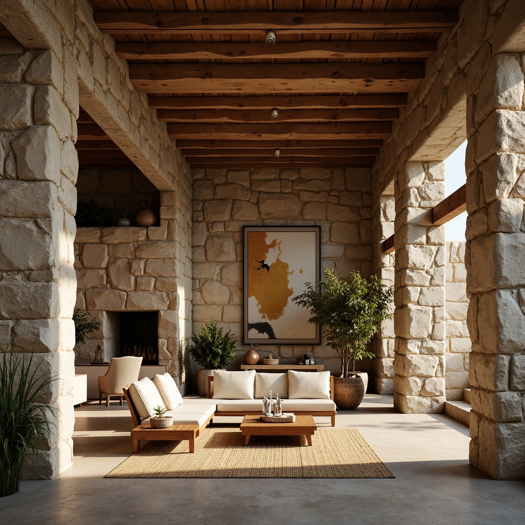 Prompt: Rustic stone walls, rough-hewn wooden beams, polished metal accents, warm earthy tones, natural textiles, woven fibers, organic shapes, undulating lines, brutalist architecture, industrial chic aesthetic, exposed ductwork, concrete floors, reclaimed wood furnishings, minimalist decor, abundant natural light, soft warm glow, shallow depth of field, 1/1 composition, realistic textures, ambient occlusion.