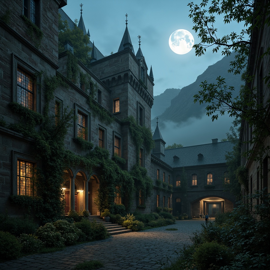 Prompt: Mysterious abandoned castle, overgrown with vines, crumbling stone walls, towering spires, grand hallways, stained glass windows, ornate wooden doors, mystical foggy atmosphere, full moon night, dim warm lighting, high contrast, dramatic shading, intricate architectural details, weathered stone textures, mossy grounds, winding cobblestone paths, ancient trees, twisted branches, misty mountains, eerie silence, 1/1 composition, cinematic view.