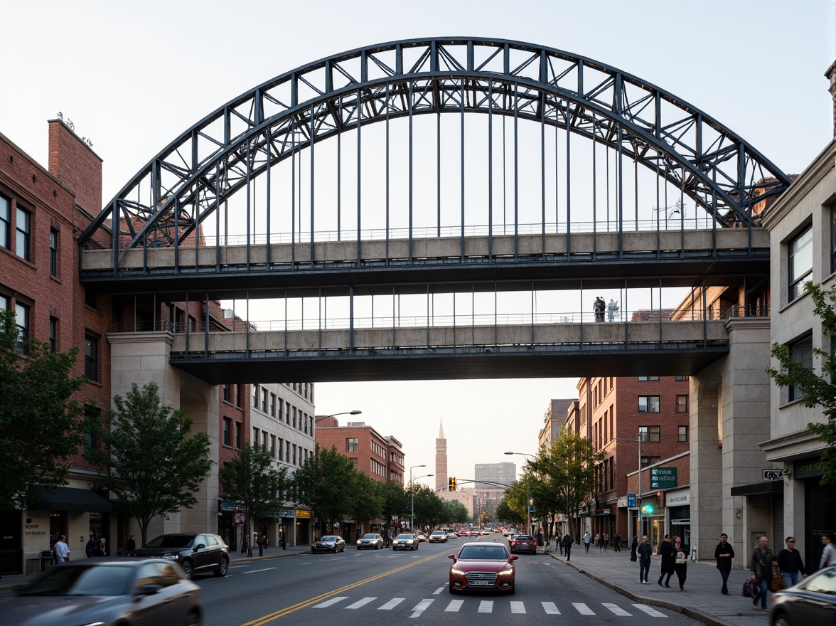 Prompt: Structural steel arch bridge, cantilevered walkways, suspension cables, sturdy pillars, concrete piers, urban cityscape, busy road traffic, sunny day, soft warm lighting, 3/4 composition, shallow depth of field, realistic textures, ambient occlusion, pedestrian accessibility, vehicular traffic flow, load-bearing capacity, durability testing, rust-resistant coatings, weathered steel patina.