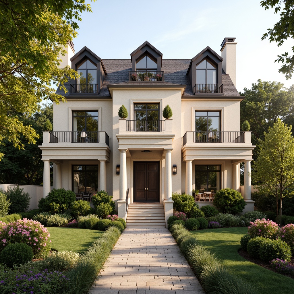 Prompt: Elegant residential facade, classical columns, ornate details, symmetrical composition, soft beige stucco, rustic stone foundation, steeply pitched roof, decorative dormer windows, Juliet balconies, ornamental railings, lush greenery, blooming flowers, natural stone walkways, tranquil neighborhood, warm sunny day, soft warm lighting, shallow depth of field, 3/4 composition, realistic textures, ambient occlusion.