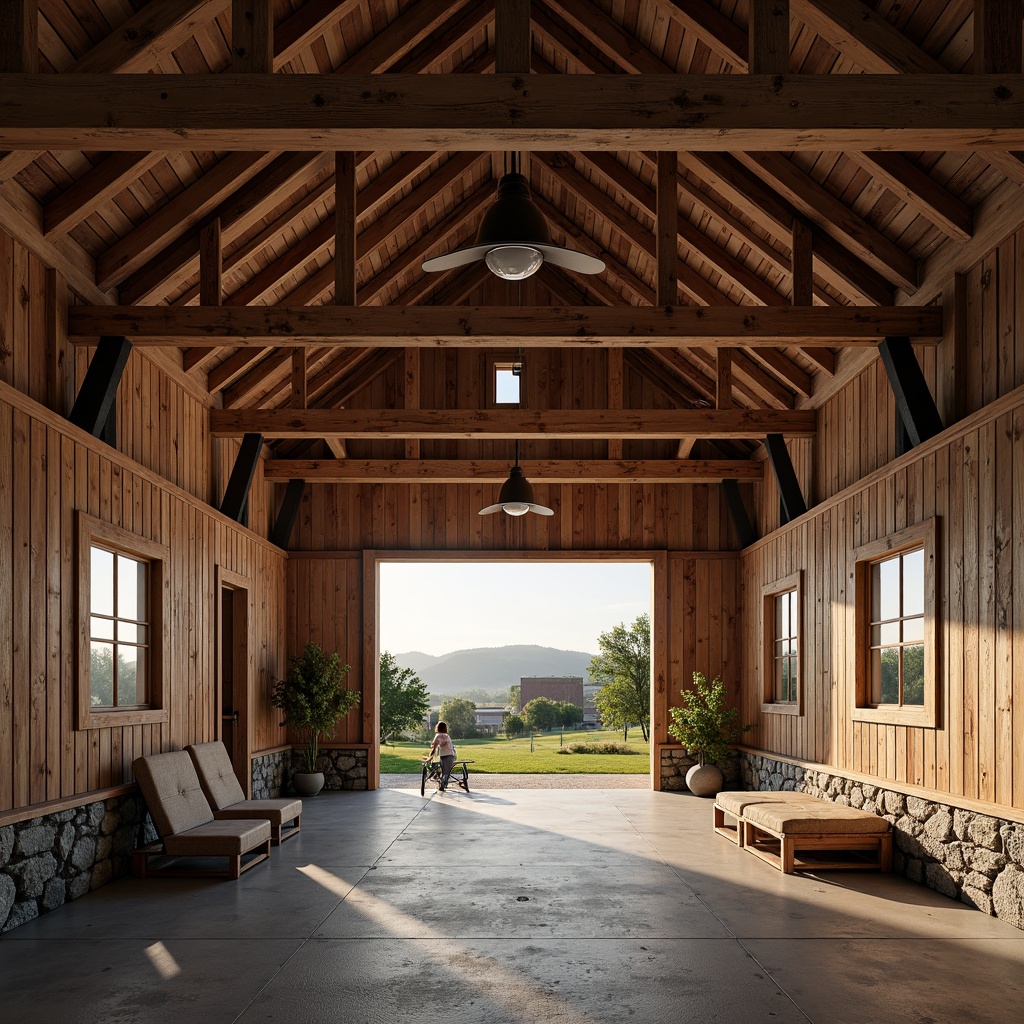 Prompt: Rustic barn, wooden trusses, exposed beams, metal accents, rural landscape, rolling hills, green pastures, vintage farm equipment, distressed wood textures, natural stone foundations, gambrel roofs, weathered clapboard siding, modern rustic interior design, reclaimed wood furnishings, industrial lighting fixtures, warm soft lighting, shallow depth of field, 1/1 composition, symmetrical framing, realistic wear and tear, ambient occlusion.